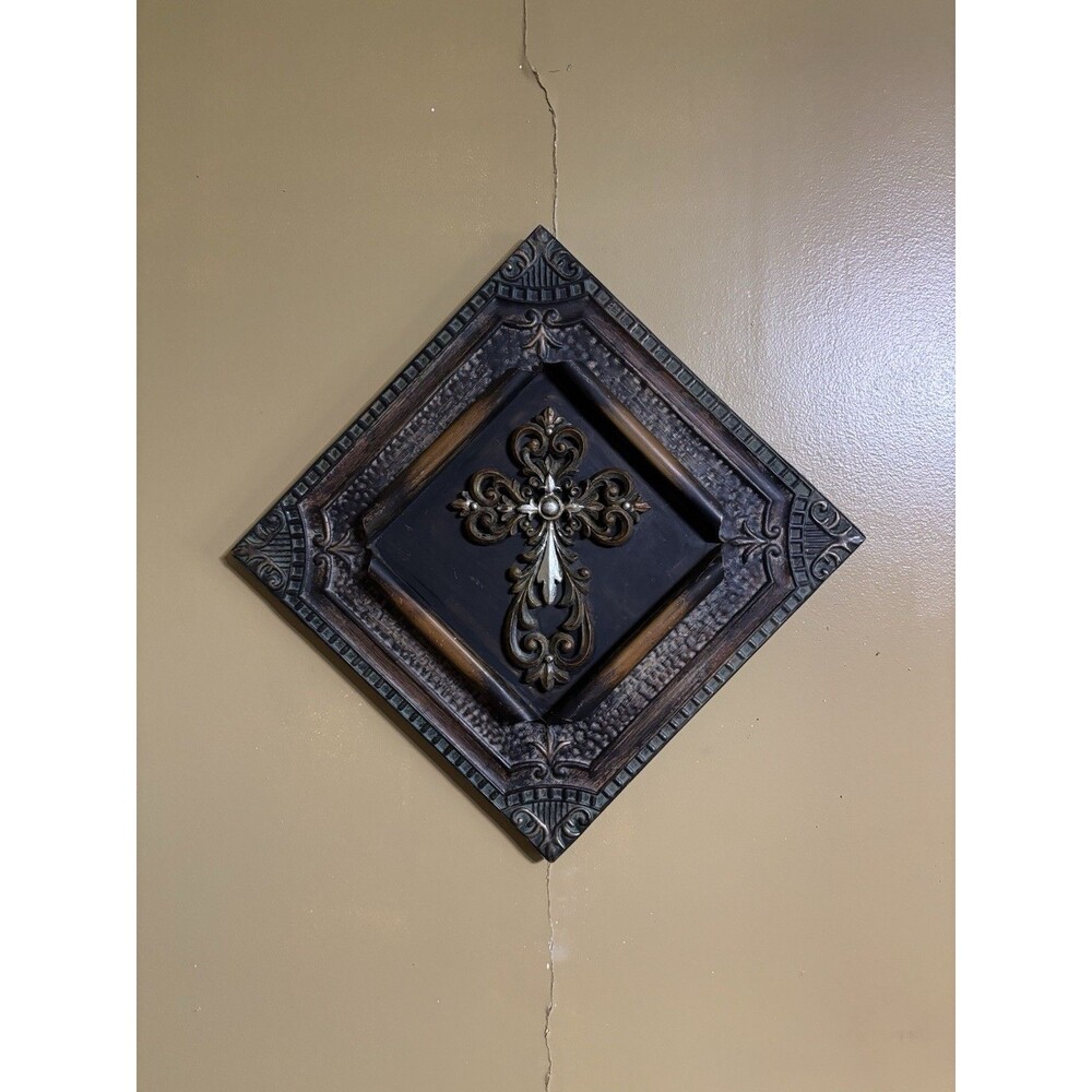 Large 19.5" Ornate Tuscan Metal Wall Cross Decor, Diamond Frame Religious Plaque